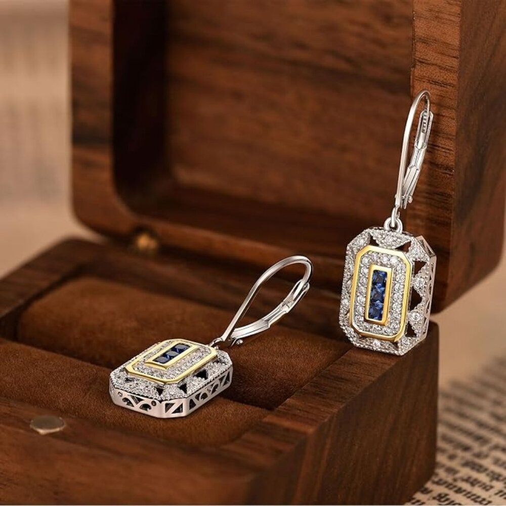 π Vintage-Inspired Blue Sapphire Earrings - 925 Sterling Silver - Picture 3 of 8